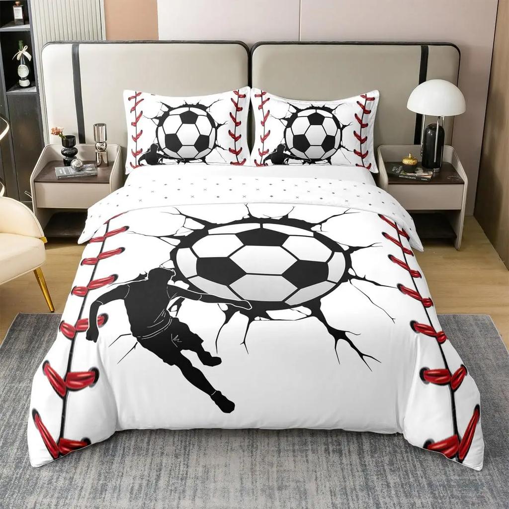 Colorful Football Single Duvet Cover Set, Sport Theme Cartoon Football Bedding Set with Pillowcases 75*50cm, Gift for Boys Girls