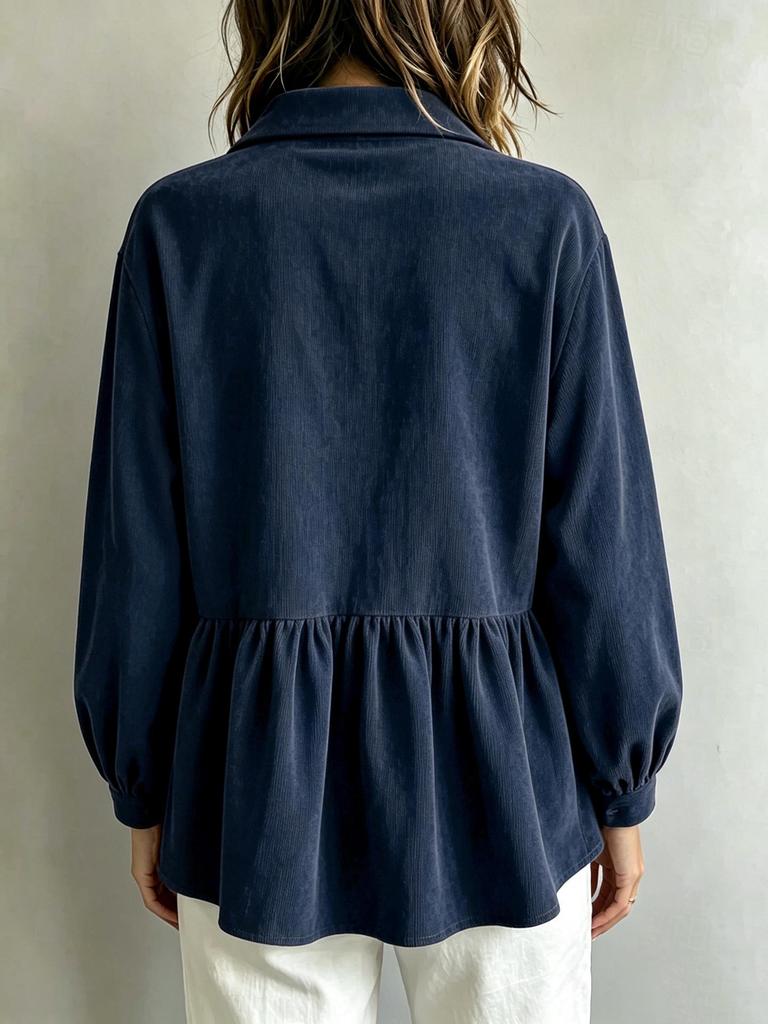 Women's Corduroy Doll Shirt with Lantern Sleeves and Waist-Cinching Design