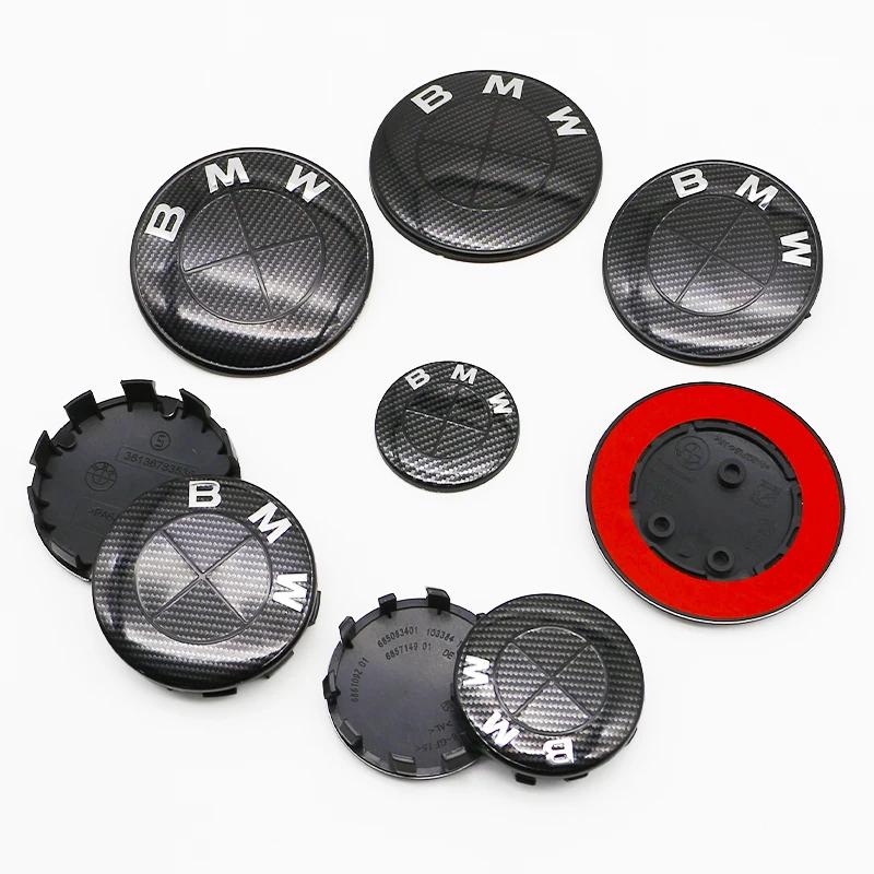 THDS9 7Pcs Fiber All Black Car Wheel Center Caps Hub Cover Badge Auto Hood Front Rear Trunk Emblem For BMW  E30 F06 X5G05  E61 F16 G15