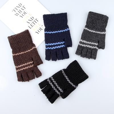 Winter New Adult Men's Knitted Half-finger Half-warm Gloves, Counter-knit Plus Velvet, Cold-proof Student Writing Work Gloves