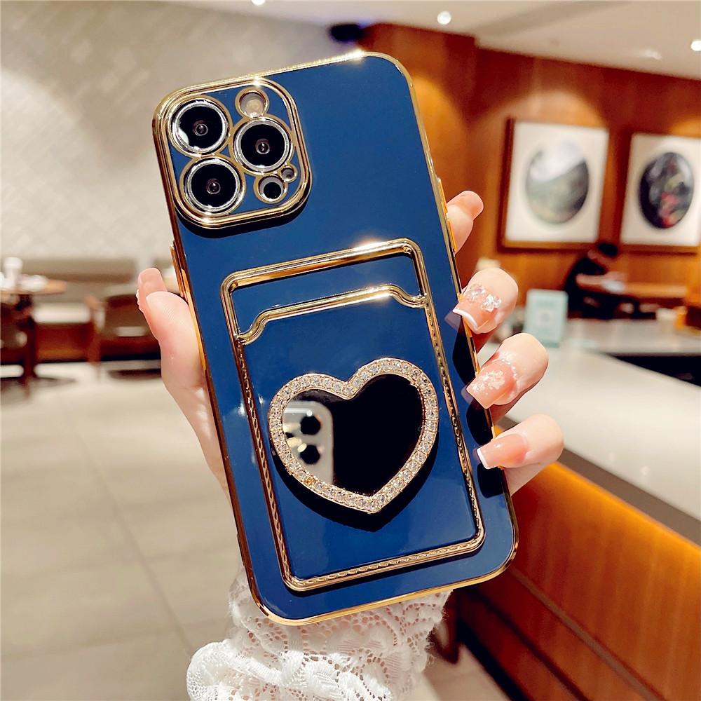 

Чехол-кошелек для карт с блестками и стразами Love Heart, зеркальное покрытие для iPhone 16 15 14 13 11 12 Pro Max XS X 7 8 Plus, мягкая крышка для слота For iPhone 13Pro Max темно-синий
