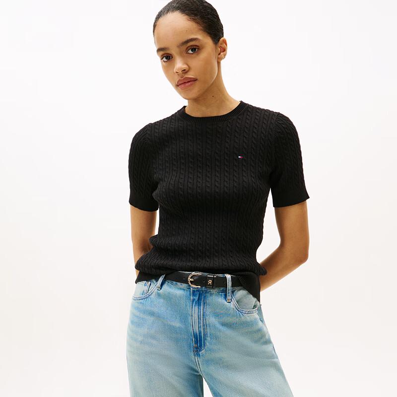 Tommy Hilfiger Women s Cotton Cable Knit Short Sleeve Sweater L
