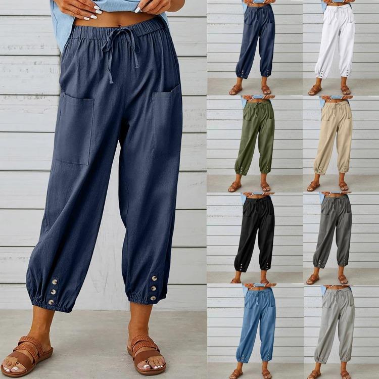 Spring Women Cotton Linen Pants High Waist Wide Leg Trousers Elastic Waist Loose Straight Solid Color Harajuku Female