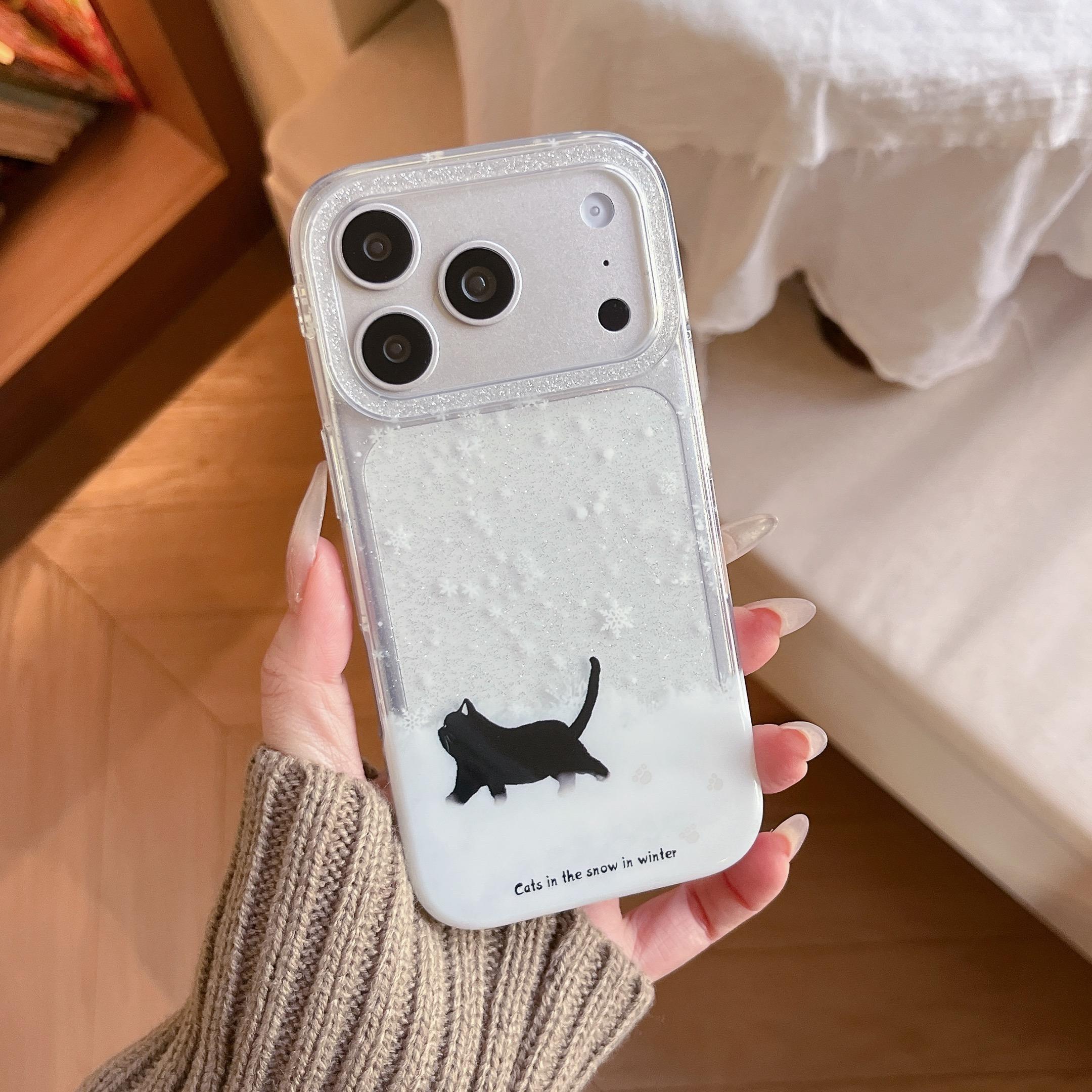 

Winter Black Cat & White Snow Contrast White Pom-pom Strap Phone Case for iPhone 17 16 15 14 11 12 13 Pro Max Plus Back Cover iPhone 13