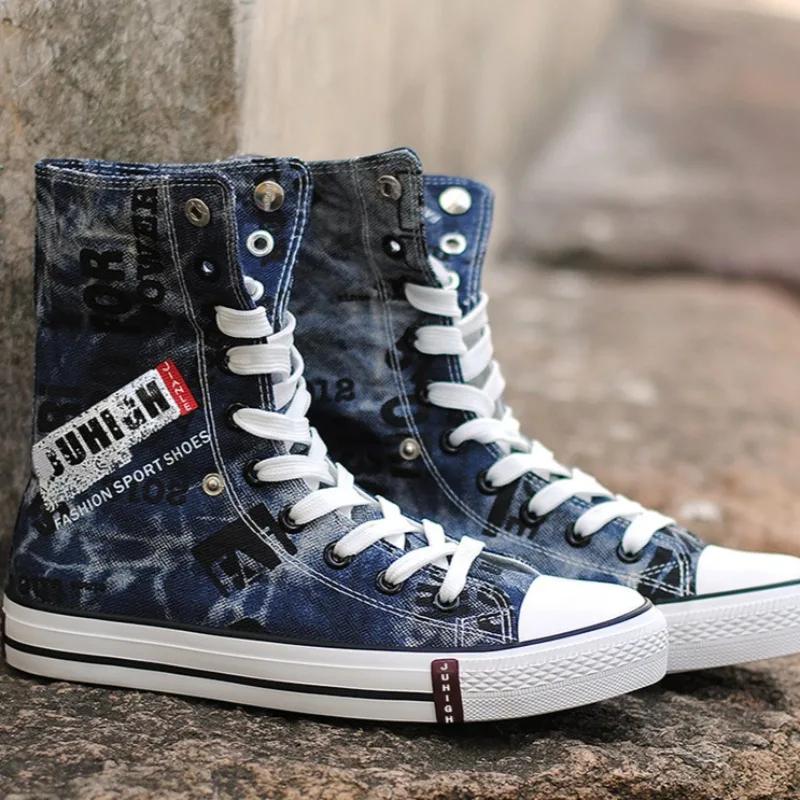 Herrskor i canvas, Hip-hop Denim Höga Snörskor, Street Skateboardskor, Plusstorlek Herrskor Tenis Masculino