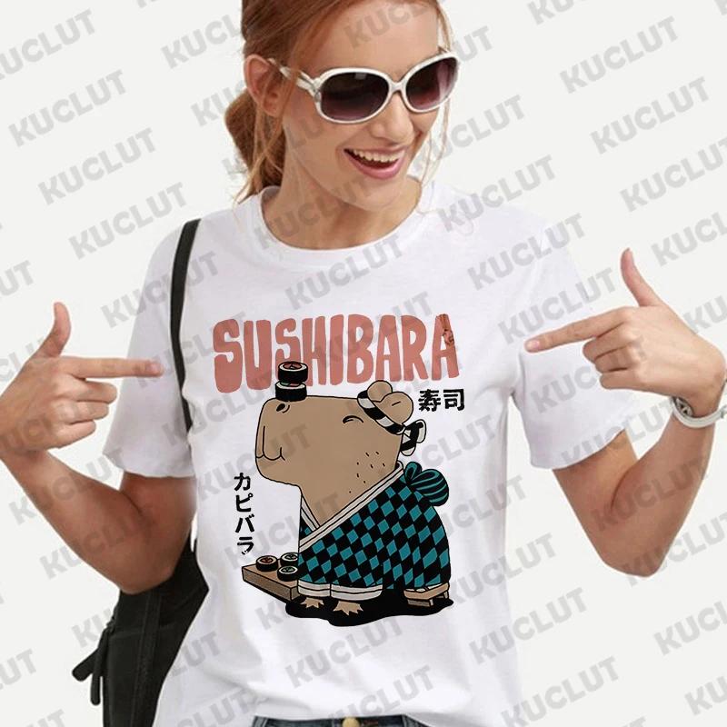 Woman Clothing Japanese Style Cute Capybara Print Tees Shirt Fashion Female Clothes T-Shirts Funny Animal Graphic Y2k Tops