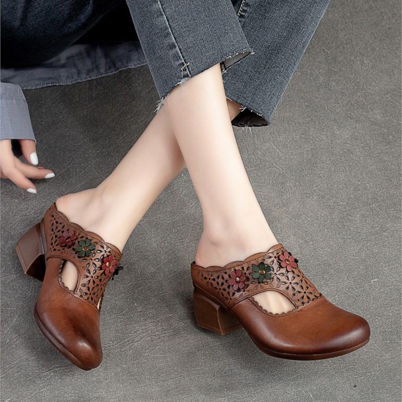 Ethnic Style Flower Mid Heel Slippers Summer New Round Toe Retro Comfortable Versatile Women Shoes Outside Slides
