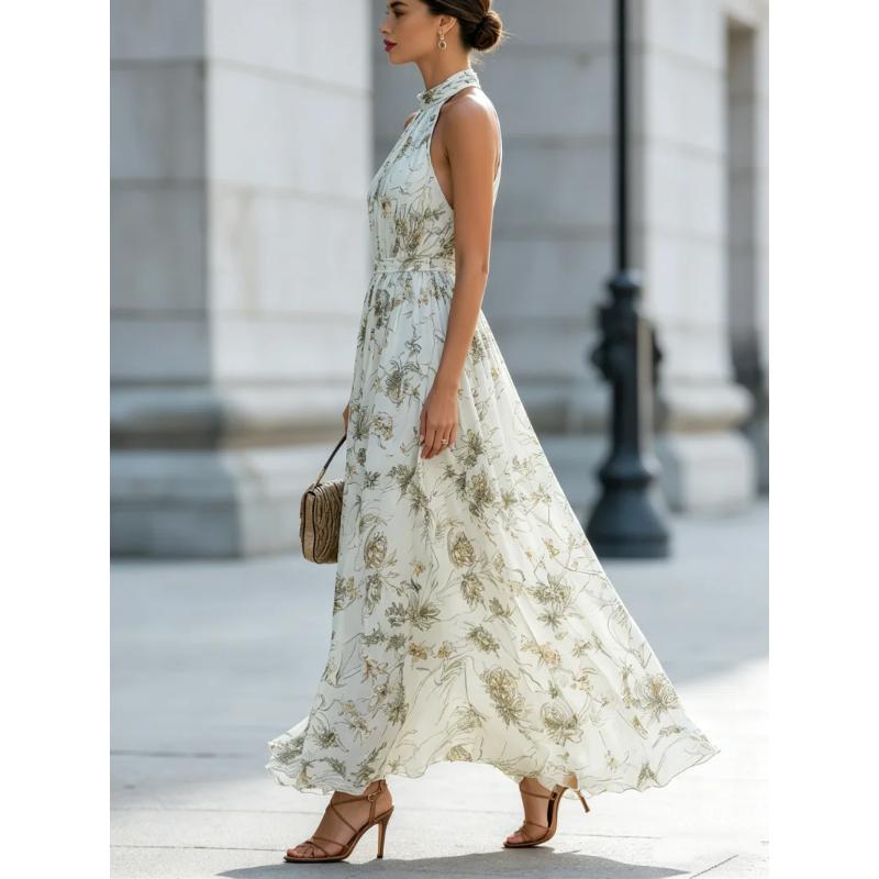 Maxi Abito da Donna con Scollo all'Americana, Stampa Floreale e Pieghe in Chiffon, per Matrimonio in Spiaggia e Festa