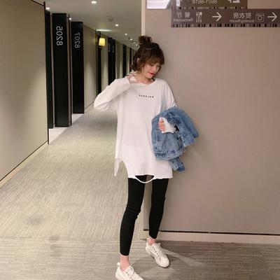 White Base Shirt for Women In Autumn and Winter New Pure Cotton Mid-length Letter Ripped Long-sleeved T-shirt