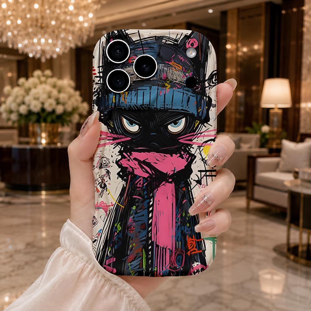 Street Graffiti Cool Black Cat Wavy Edge Phone Case For iPhone 16 15 14 Pro Max 13 12 11 Mini XR XS SE 2020 7 8 Plus Air Cover