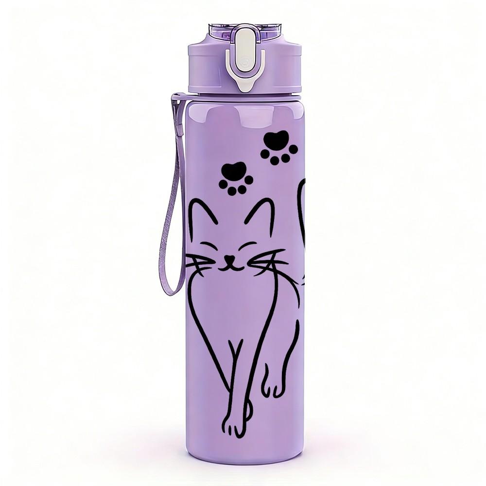 1PC Simple Cat Line Art 750ml Color Plastic Sports Water Bottle Leakproof Flip Straw Lid Suitable for Sports Office Home Use