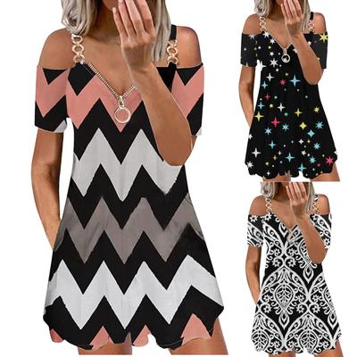 Women's Fashion  Strapless Prints Zipper V-Neck Short Sleeves Leisure Dress
