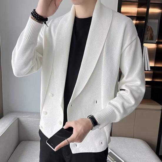 Men Sweater Coat Turn-down Collar Solid Color Long Sleeves Cardigan Buttons Warm Elastic Double-breasted Men Spring Coat for Work
