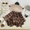 Girls Summer Outfit Khaki Short Sleeve T Shirt And Bow Plaid Skirt Set Two Piece Casual Fashion Clothing For Kids