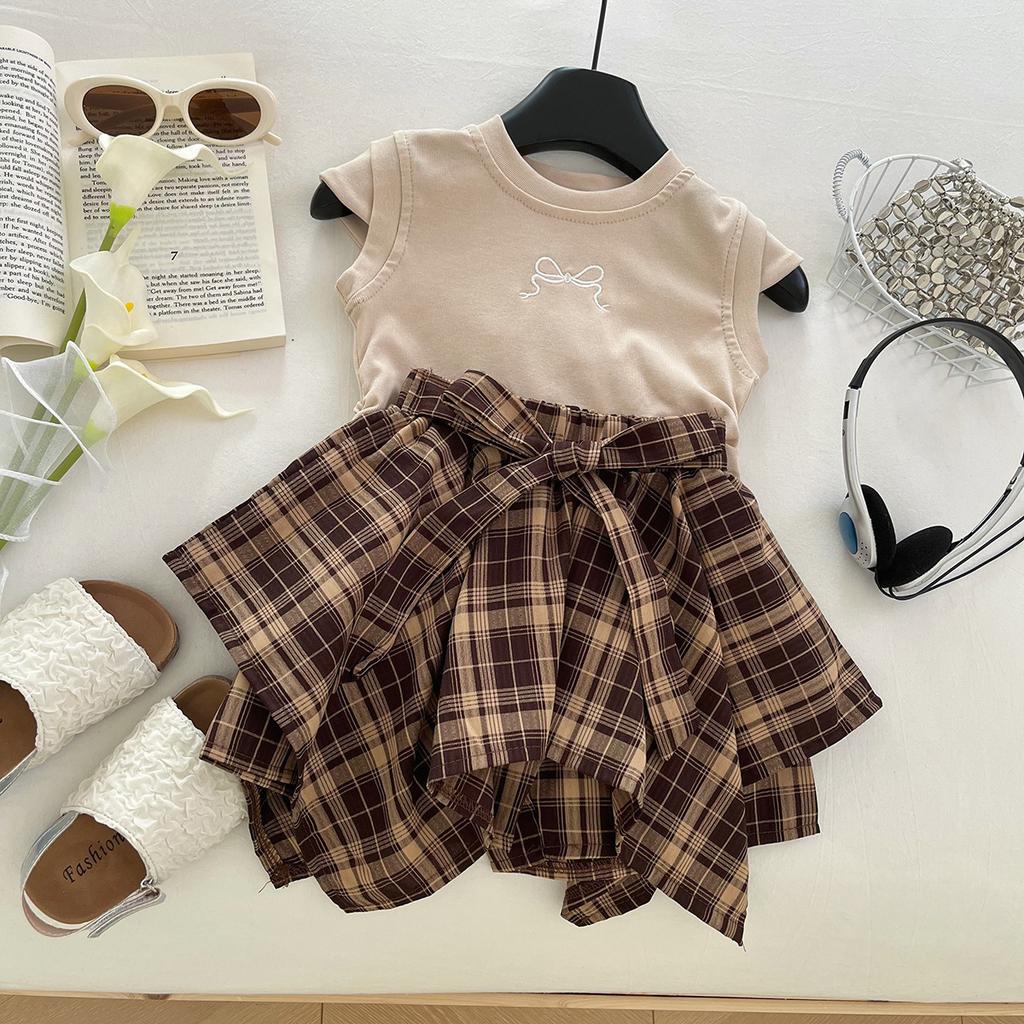 Girls Summer Outfit Khaki Short Sleeve T Shirt And Bow Plaid Skirt Set Two Piece Casual Fashion Clothing For Kids