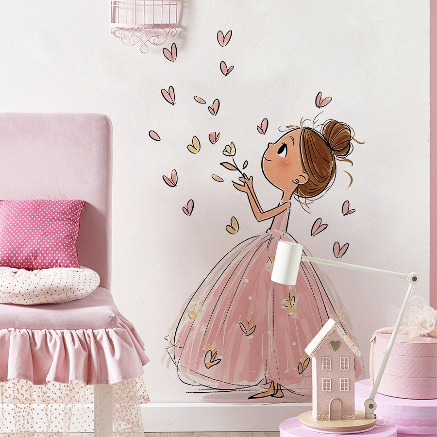 Pink Princess Dress Girl Wall Sticker for Girls Bedroom Heart Petal Dreamy Home Decor