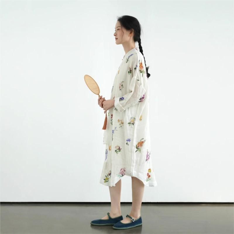 Johnature Women Vintage Print Floral Dresses Button Stand Long Sleeve White Spring Female Dress