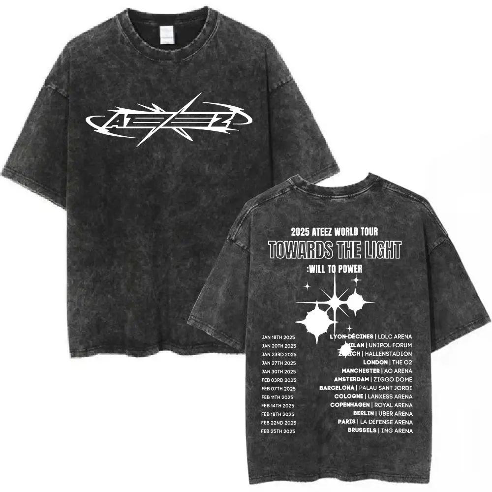 2025 Ateez World Tour Towards The Light Will To Power Vintage Washed T-shirts Men Women Korean Kpop T Shirt Cotton T-shirt Tops