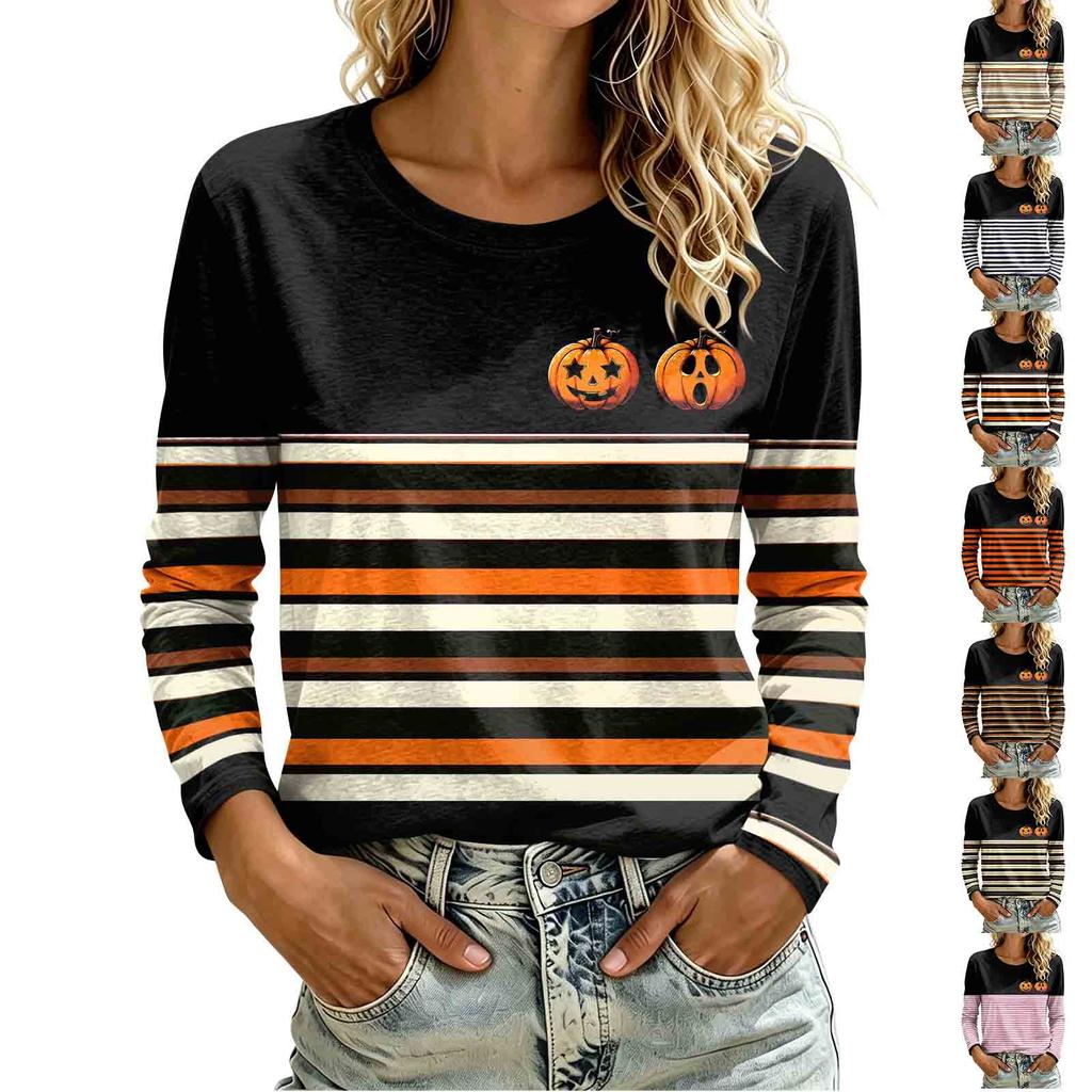 Women's Casual Long Sleeve Halloween Print Neck T-Shirt