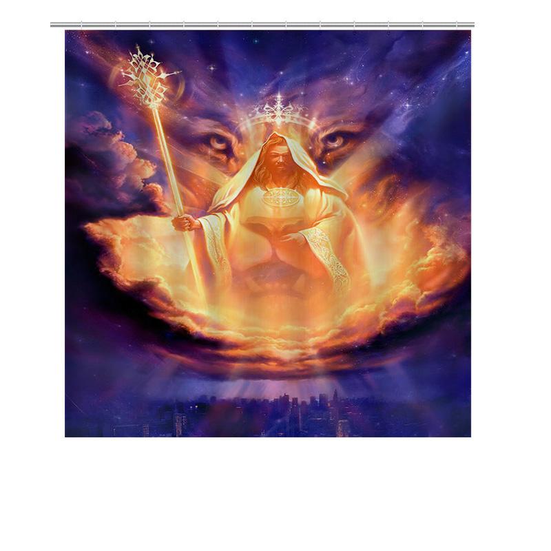 Godly Shower Curtain With Spiritual Design For Bathroom Decorations Blue Clouds Rays Lighting