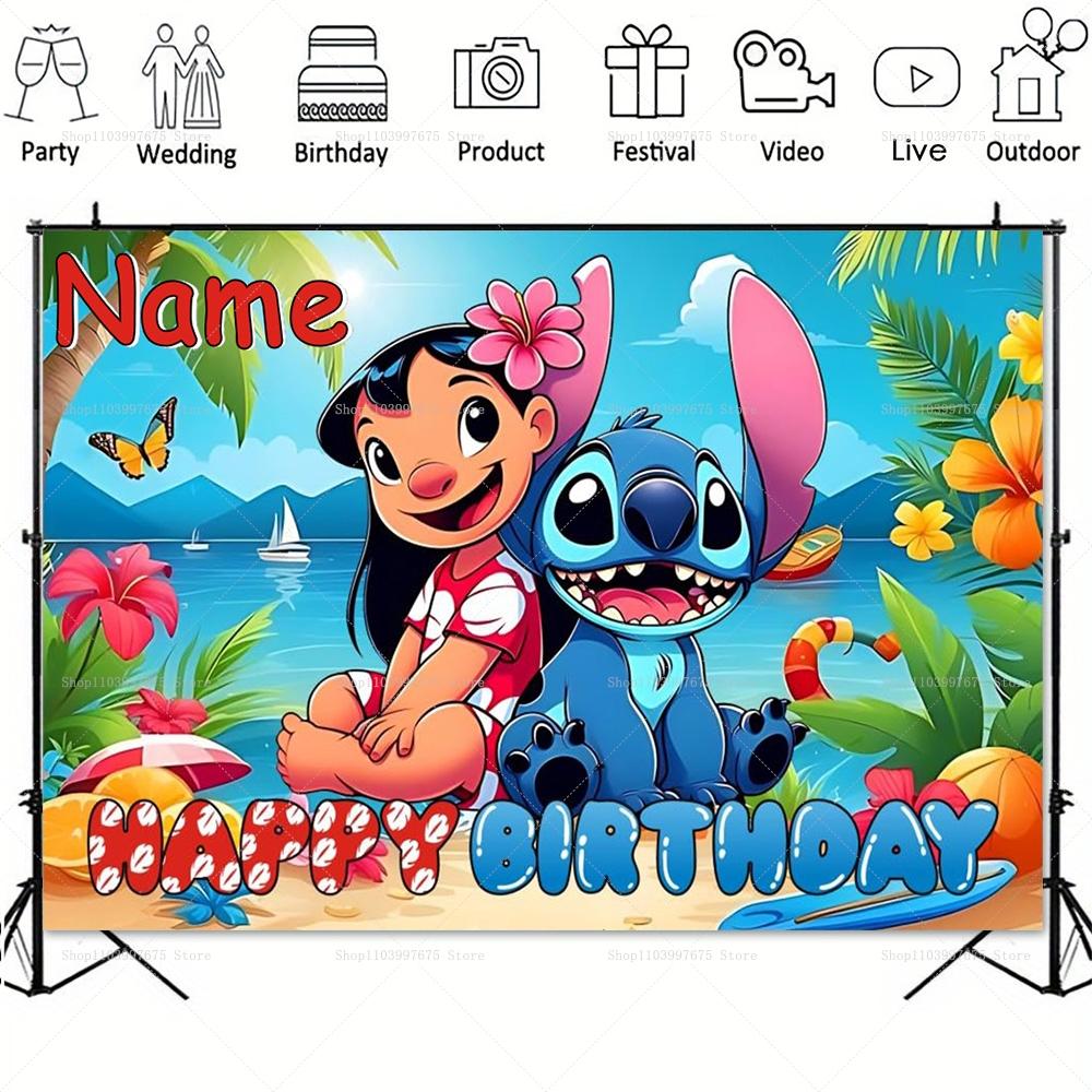 Lilo and Stitch Backgrounds for Children's Birthday Party Decoration, Tropical Flower Photo Background, Personalized Baby Shower Banner