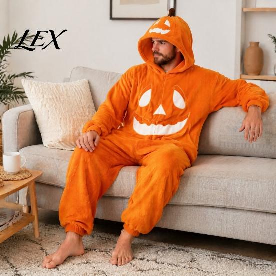 Unisex Fleece Pajamas Halloween Pumpkin Onesie for Adults, Plush Orange Sleepwear Hooded Costume, Oversized Loose Loungewear Family Matching Costumes