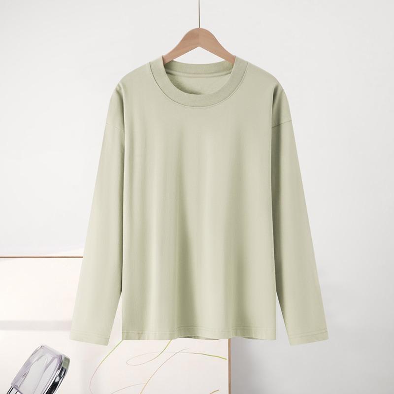 Minimalist Interior Base Shirt for Women, Autumn Long Sleeved Pure Cotton Shoulder T-shirt for Men, Round Neck Solid Color Couple's Clothing