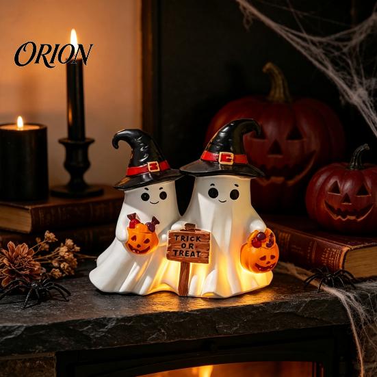 Halloween Mantel Countertop Decor Ghost Figurine, Cute Spooky Resin Statue with Retro Table Decorations Witch Hat for Table, Tiered Tray, Kitchen,