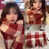 Korean Retro Red & White Plaid Scarf for Women - Thick, Warm, Autumn/Winter Neck Gaiter