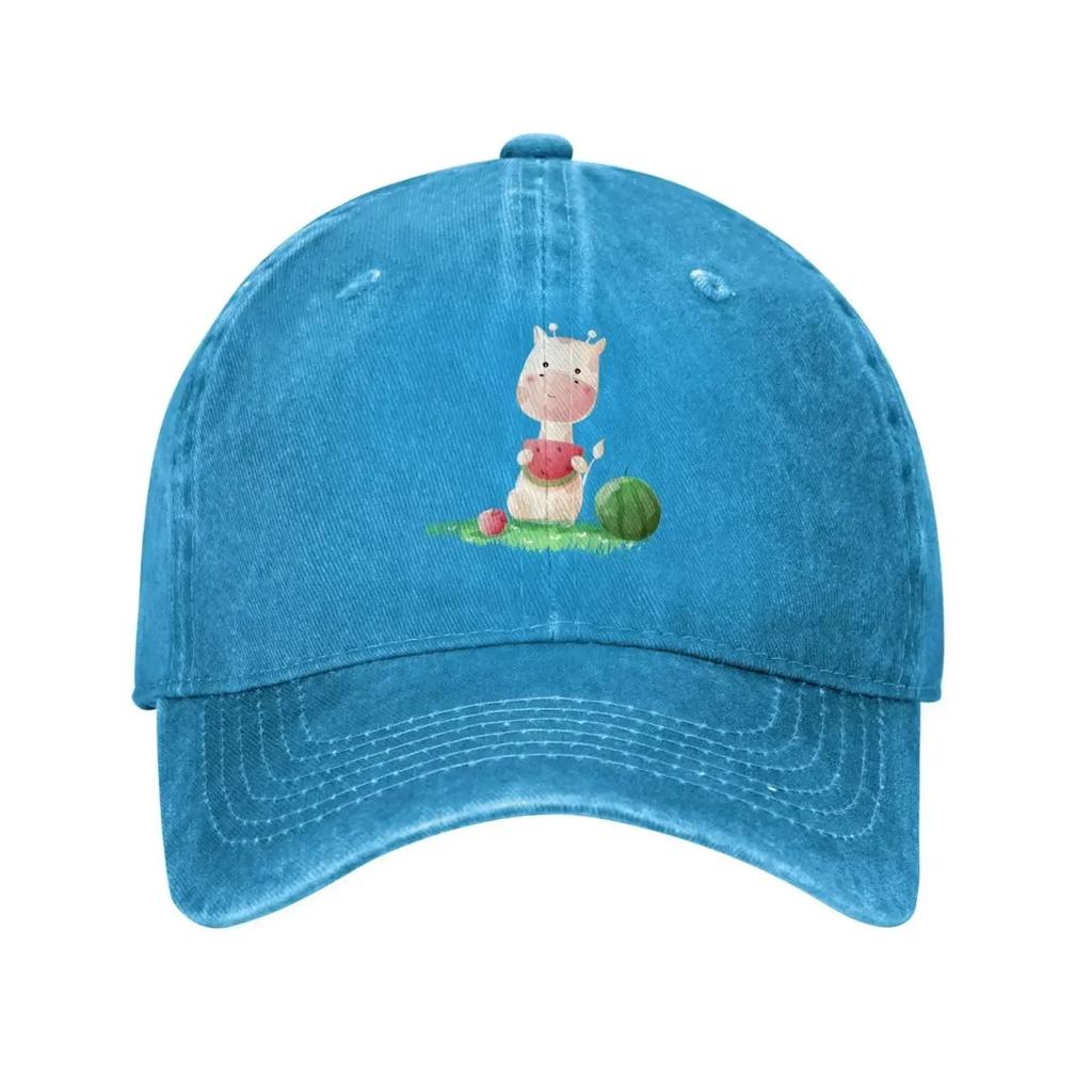 Giraffe Sitting in The Grass Eating Watermelon Baseball Cap for Unisex Women Vintage Trucker Hat Hats Dad Hat