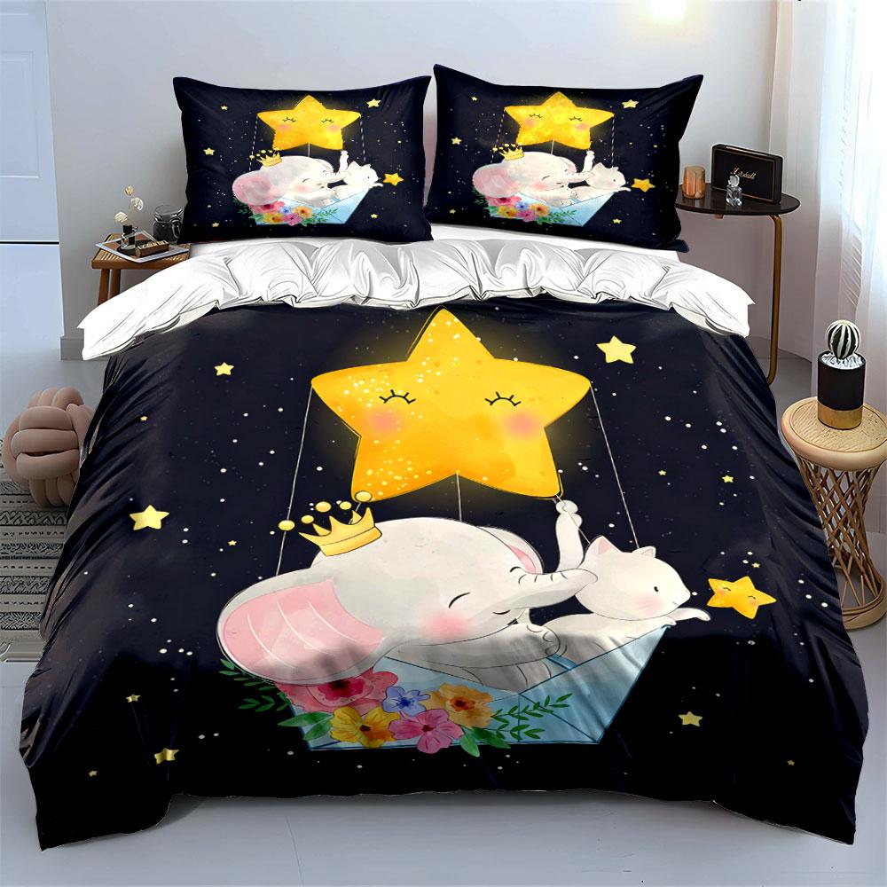 Elephant Starry Night Nursery Decor Soft Comfortable Duvet Cover Bedding Set Included 1*Duvet Cover & 2*Pillowcases, Gift