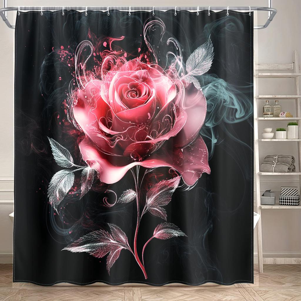 1Pc Elegant Rose-Themed Digital Printed Shower Curtain - Vibrant Pink & Green Polyester Fabric With Hooks, Machine Washable Bath