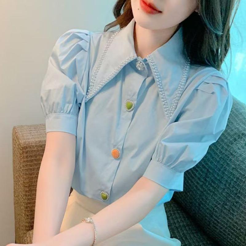 

Women s Nail Bead Decorative Shirt Loose Single Breasted Bubble Sleeve Ladies Blouse Summer Fashion Famale Short Sleeved Top M
