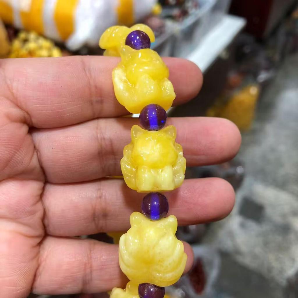 Beeswax Bear Bracelet with Amber Chain & Patina Bear Pendant in Chicken Fat Yellow