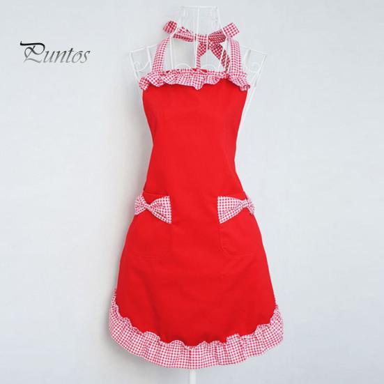 Women Cute Bowknot Decor Pocket Apron Plaid Print Splicing Adjustable Lace-up Kitchen Flirty Apron Mother Day Gift