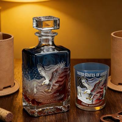Proud Anniversary Decanter with Round Glass Engraved Historical Pattern Commemorative Wine Bottle Collectible Gift for History Buffs