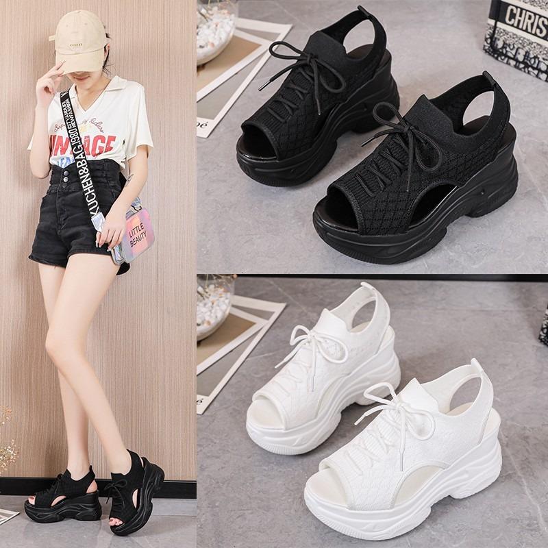 Flying Woven Mesh Wedge Heel Sandals Summer Fish Mouth High Heel Casual Small Large Size Sandals