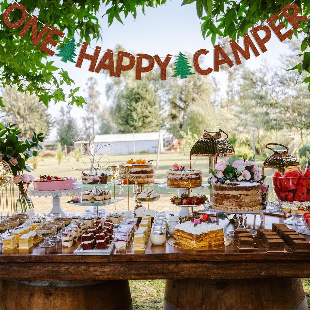 One Happy Camper Banner - Forest Safari Baby Shower Decor, Adventure Camping Party Decor, Camping 1st Birthday Party Decorations Brown Glitter