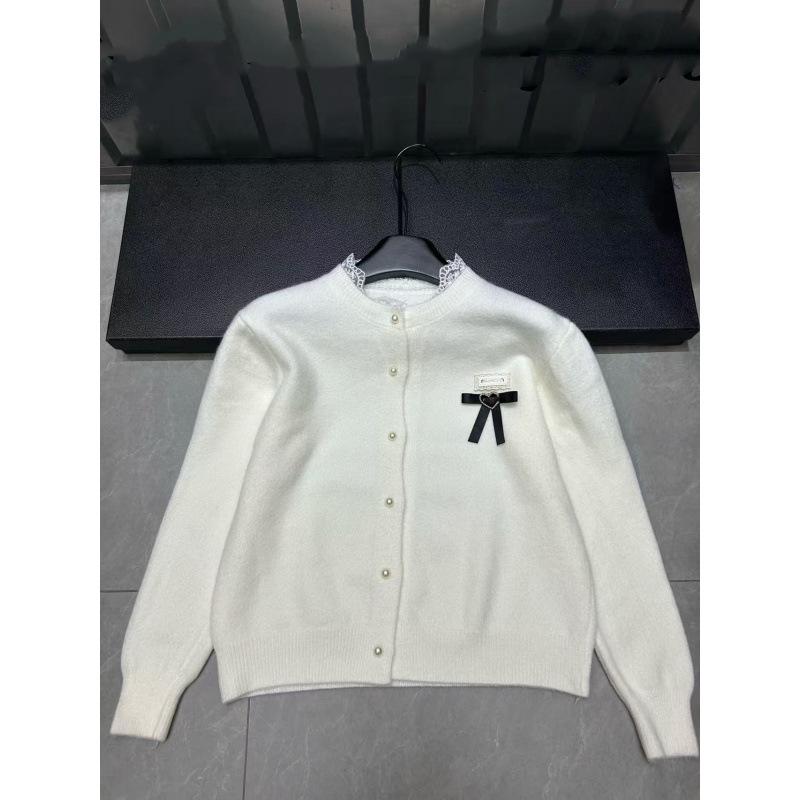 Miu Style Lace Trim Round Neck Single-Breasted Knit Cardigan - Elegant Autumn/Winter Long Sleeve Top