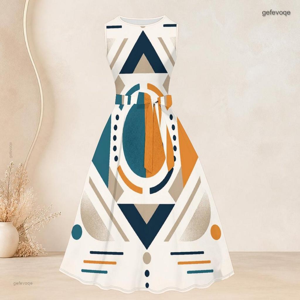 Women Plus Size Two Piece Set Geometric Printed Round Neck 3 4 Sleeve Open Cardigan Sleeveless Tie Waist Flared Dress