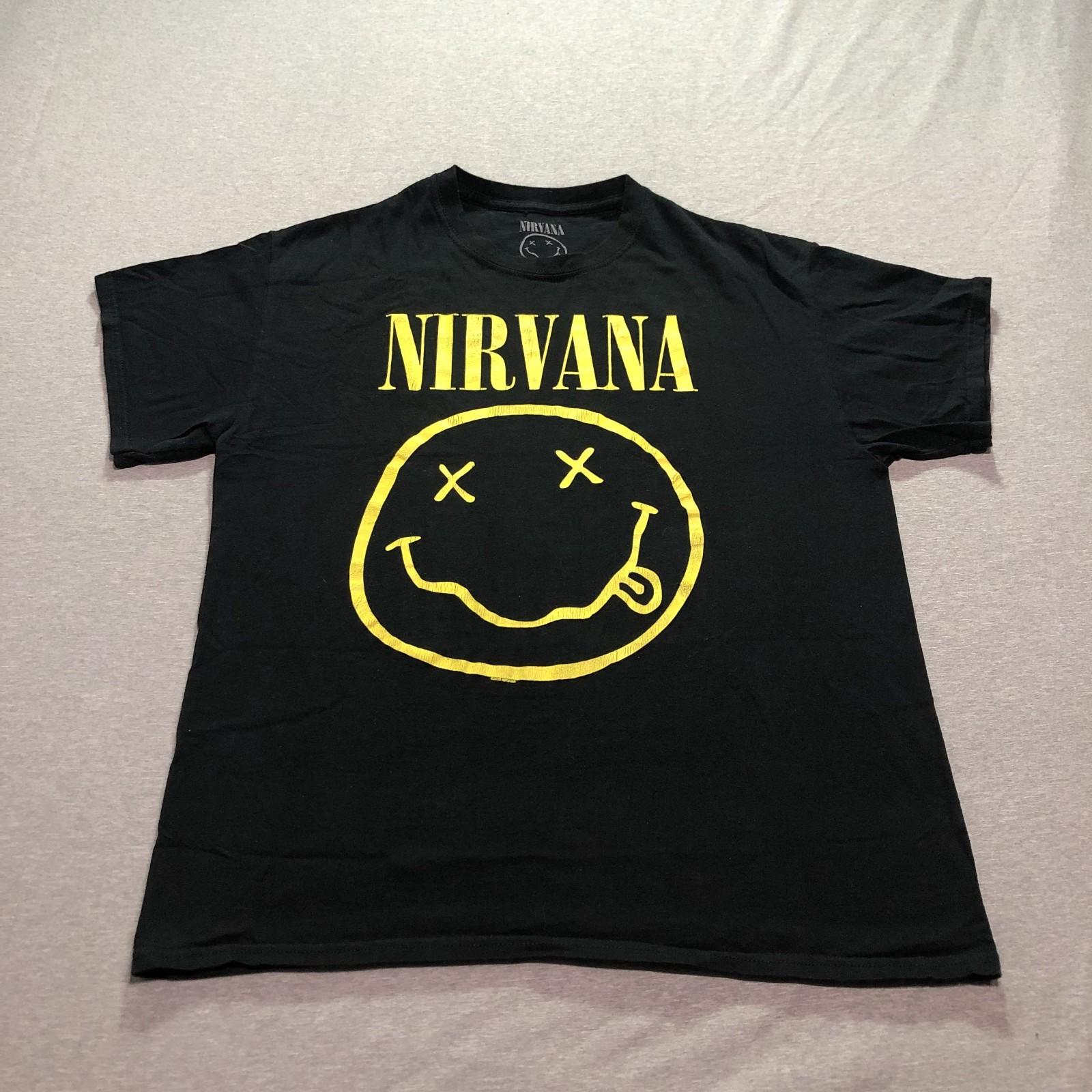 Nirvana T Shirt Men s L Graphic Print Logo Smiley Face Tour Rock Music Black Tee XXXXL