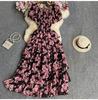 Retro Floral Chiffon Slimming Dress: Women's Summer Puff Short Sleeve High-End Vacation Cake Dress