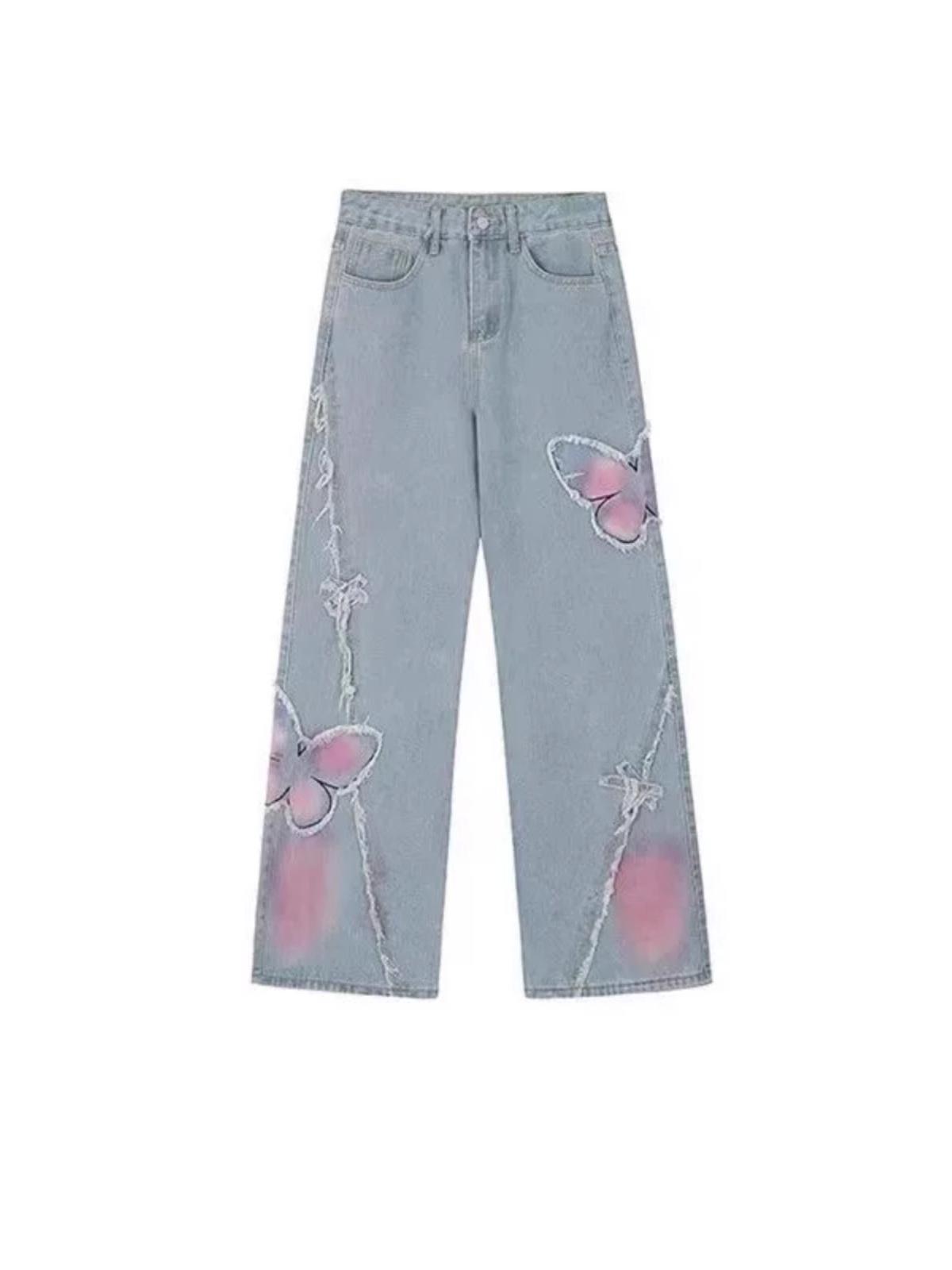 

Женские ретро джинсы с высокой талией, пэчворком из бабочек и широкими штанинами - больших размеров, стройнящие, свободного кроя для лета S