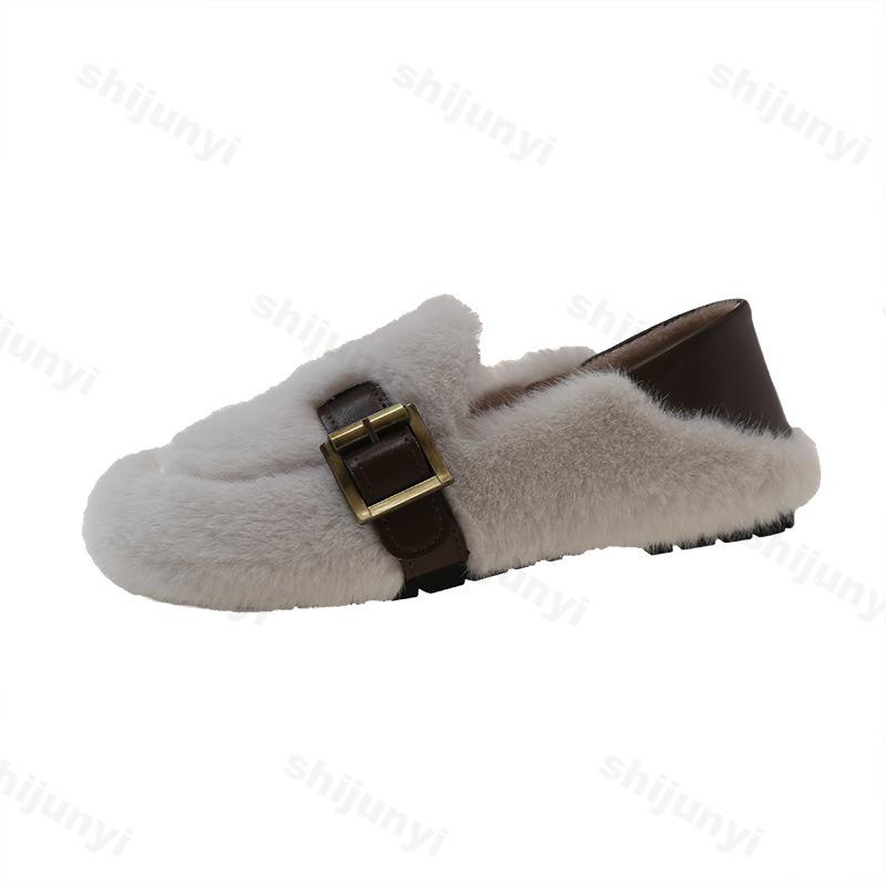 Fashion Soft Soled Elegant Casual Flat Plush Shoes Women's 2025 New Autumn Comfortable Shallow Mouth Slip on Fashion Cotton Single Shoes