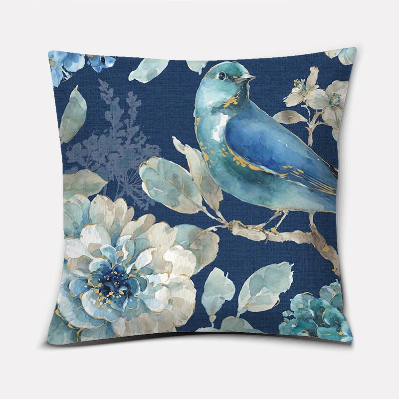 Blue flower and bird printed polyester square cushion cover for home living room sofa office decoration waist cushion pillowcase