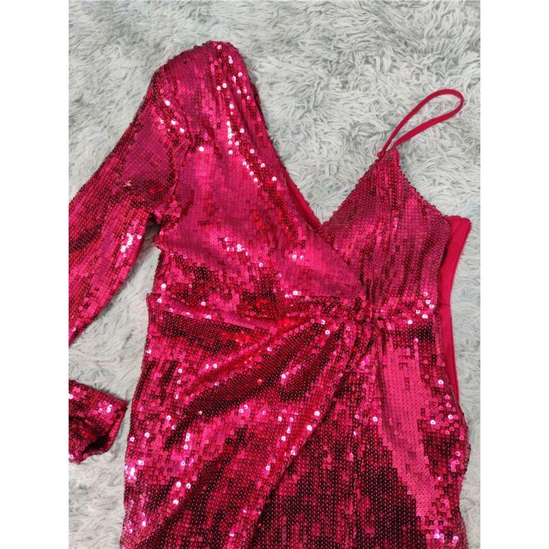 European and American Single Fashion Classic Women's Clothing Elegant Sequined Suspender Shiny Deep V Shoulder Long Sleeves Cross Irregular Skirt