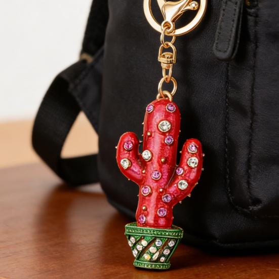 Keychain Sparkling Rhinestones Inlaid Cactus Design Keychain Pendant Enamel Oil Drip Process Smooth Edges Spring Buckle Key Holder Backpacks Accessory