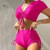 Sexy Bikini 2Pcs/Set Women Summer Set V-Neck Short Sleeve Tops High Bow Tie Swimsuit Waist Drawstring Swimming Trunks Solid Color Quick Drying