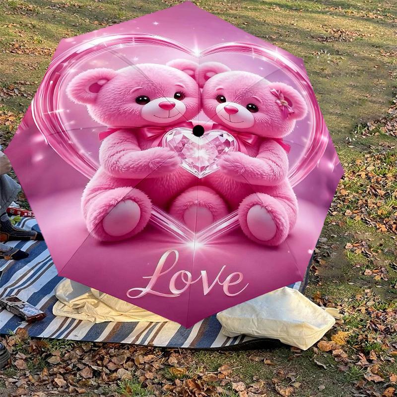 1pc Teddy Bears Love Automatic Open/Close Umbrella Compact Folding Umbrella with 8-Rib Shaft for Women/Men, Elegant Birthday1328S