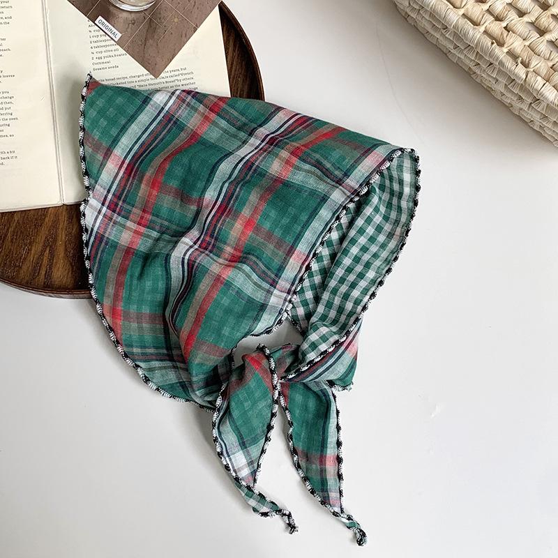 Headscarf women's idyllic summer new clear plaid triangle scarf scarf women's knitted headband silk scarf